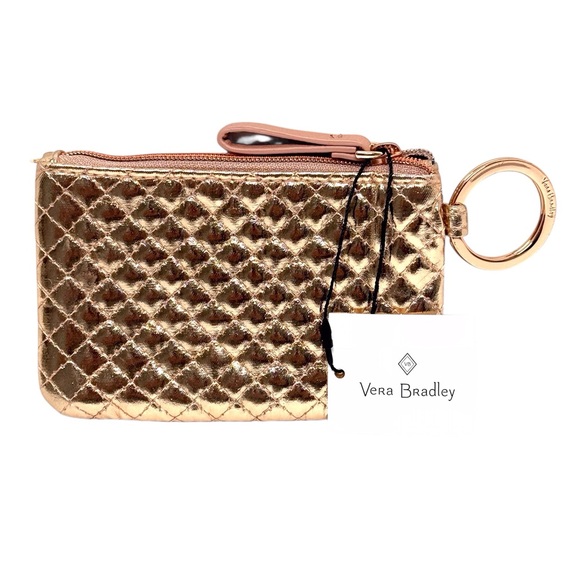 Vera Bradley Iconic Zip ID Case Rose Gold Quilted Key & Card Holder NWT - Picture 3 of 5